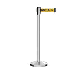 Retractable Belt Barrier Stanchion, Sloped Base, Polished Stainless Steel Post, 7.5 ft Belt - Montour Line M530 - Crowd Control Warehouse