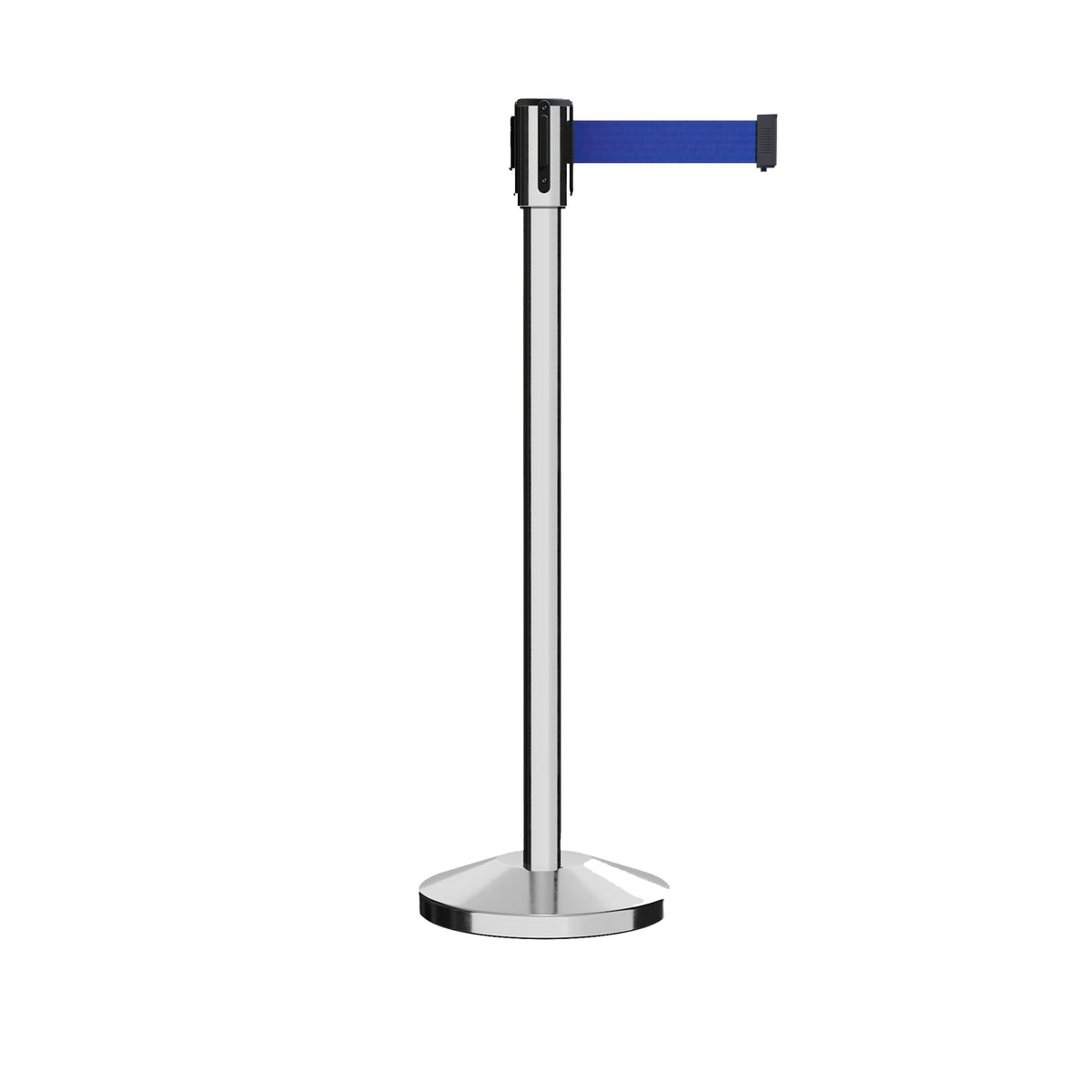 Retractable Belt Barrier Stanchion, Sloped Base, Polished Stainless Steel Post, 7.5 ft Belt - Montour Line M530 - Crowd Control Warehouse