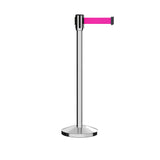 Retractable Belt Barrier Stanchion, Sloped Base, Polished Stainless Steel Post, 7.5 ft Belt - Montour Line M530 - Crowd Control Warehouse