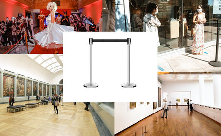 Retractable Belt Barrier Stanchion, Sloped Base, Polished Stainless Steel Post, 7.5 ft Belt - Montour Line M530 - Crowd Control Warehouse