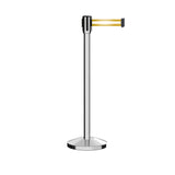 Retractable Belt Barrier Stanchion, Sloped Base, Polished Stainless Steel Post, 7.5 ft Belt - Montour Line M530 - Crowd Control Warehouse