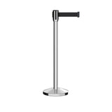 Retractable Belt Barrier Stanchion, Sloped Base, Polished Stainless Steel Post, 7.5 ft Belt - Montour Line M530 - Crowd Control Warehouse