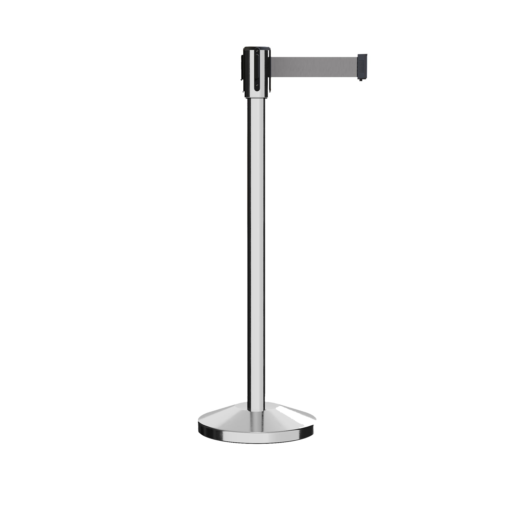 Retractable Belt Barrier Stanchion, Sloped Base, Polished Stainless Steel Post, 7.5 ft Belt - Montour Line M530 - Crowd Control Warehouse
