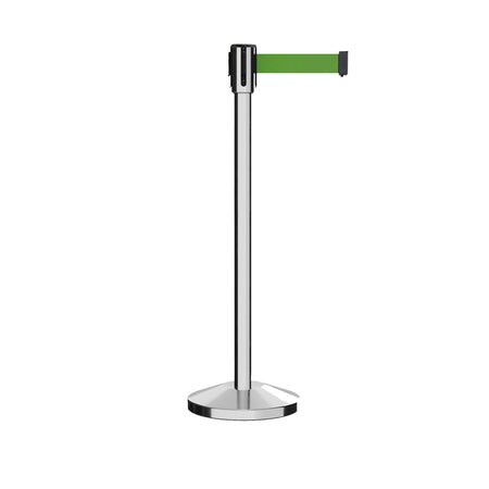 Retractable Belt Barrier Stanchion, Sloped Base, Polished Stainless Steel Post, 7.5 ft Belt - Montour Line M530 - Crowd Control Warehouse