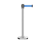 Retractable Belt Barrier Stanchion, Sloped Base, Polished Stainless Steel Post, 9 ft Belt - Montour Line M530 - Crowd Control Warehouse
