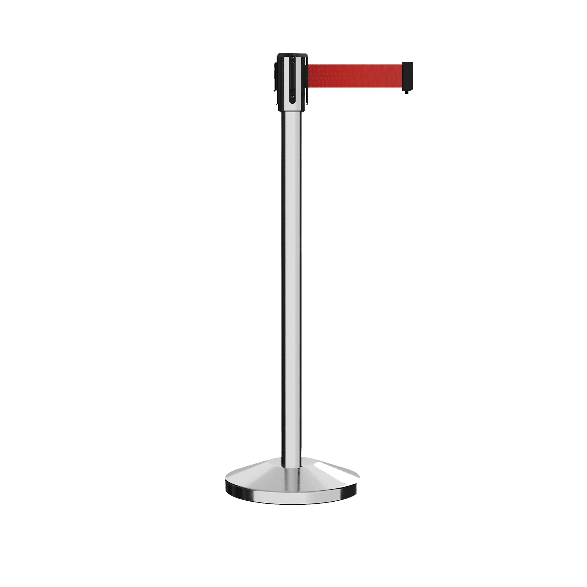 Retractable Belt Barrier Stanchion, Sloped Base, Polished Stainless Steel Post, 9 ft Belt - Montour Line M530 - Crowd Control Warehouse