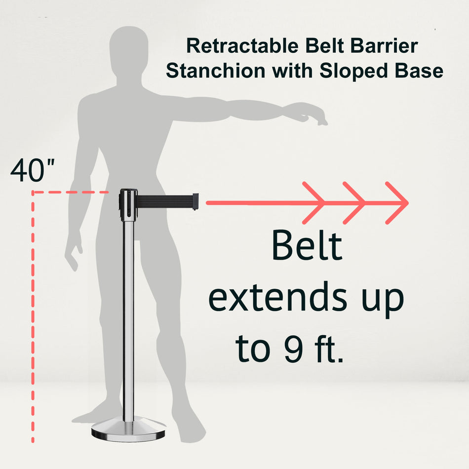 Retractable Belt Barrier Stanchion, Sloped Base, Polished Stainless Steel Post, 9 ft Belt - Montour Line M530 - Crowd Control Warehouse