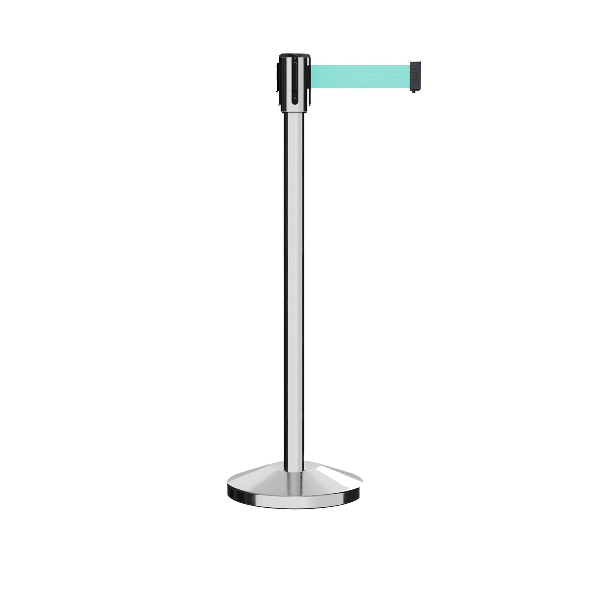 Retractable Belt Barrier Stanchion, Sloped Base, Polished Stainless Steel Post, 9 ft Belt - Montour Line M530 - Crowd Control Warehouse