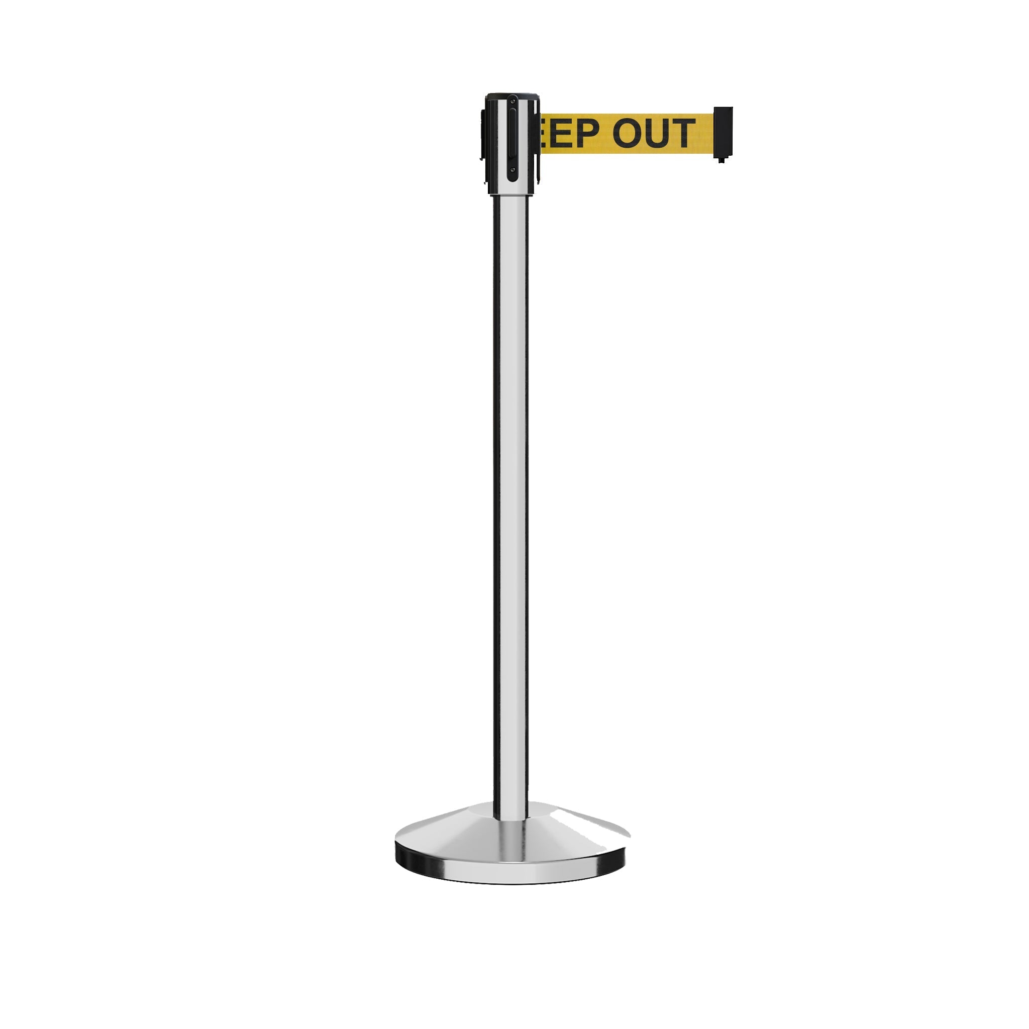 Retractable Belt Barrier Stanchion, Sloped Base, Polished Stainless Steel Post, 9 ft Belt - Montour Line M530 - Crowd Control Warehouse