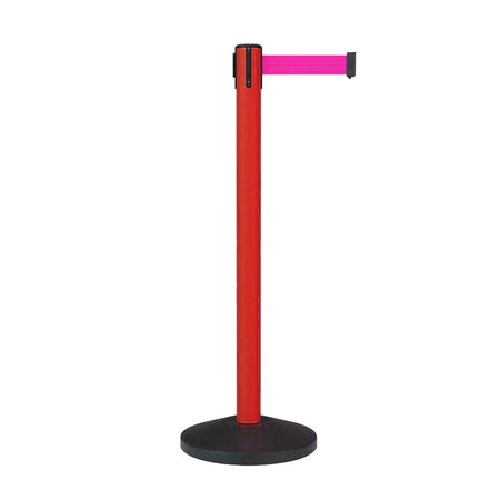 Retractable Belt Barrier Stanchion, Sloped Base, Red Post, 11 ft Belt - Montour Line MS630 - Crowd Control Warehouse