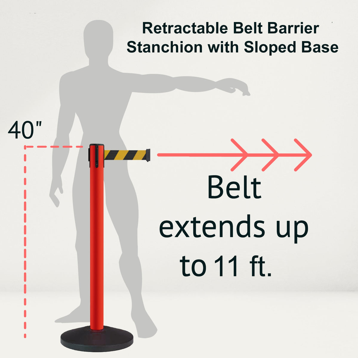 Retractable Belt Barrier Stanchion, Sloped Base, Red Post, 11 ft Belt - Montour Line MS630 - Crowd Control Warehouse