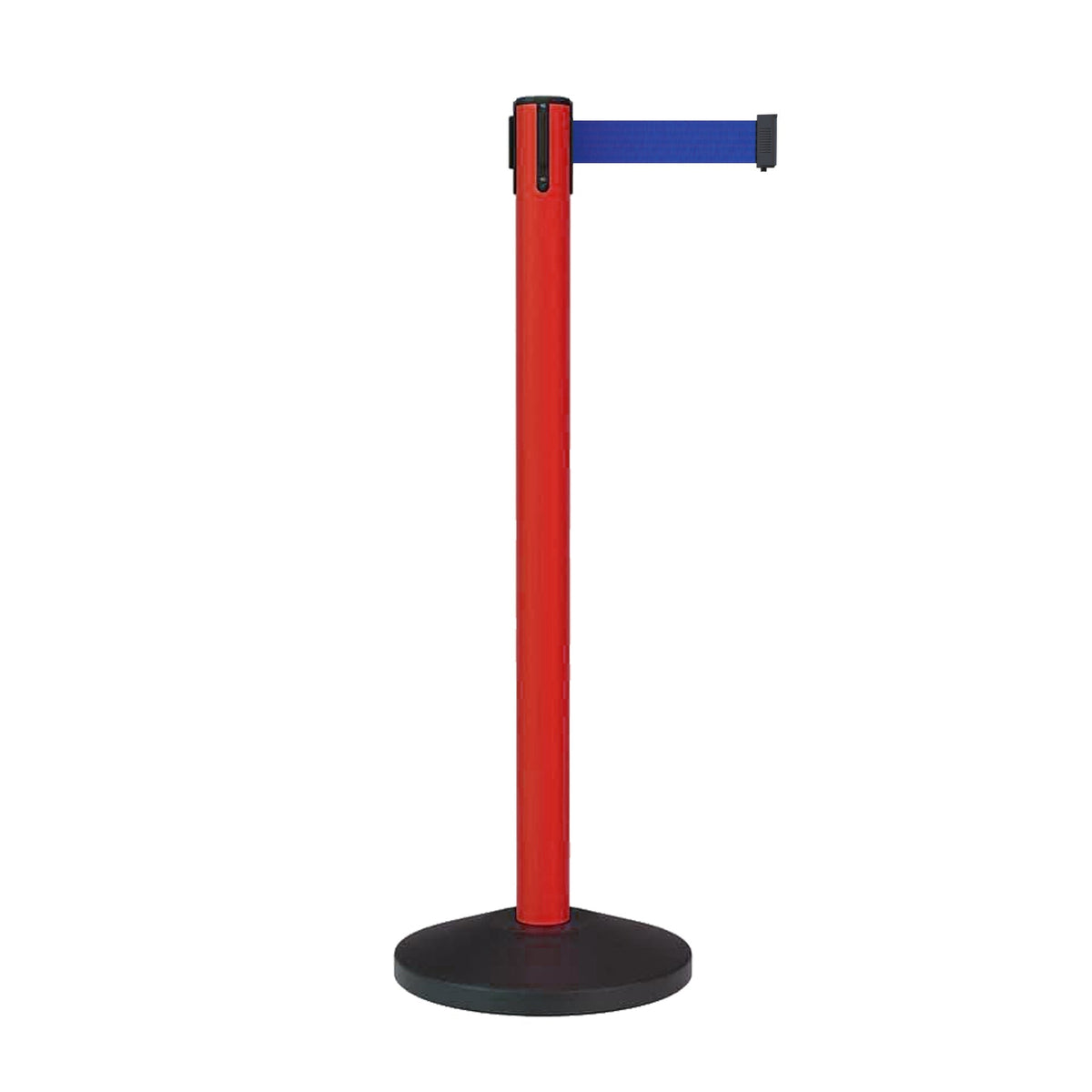Retractable Belt Barrier Stanchion, Sloped Base, Red Post, 7.5 ft Belt - Montour Line MS630 - Crowd Control Warehouse