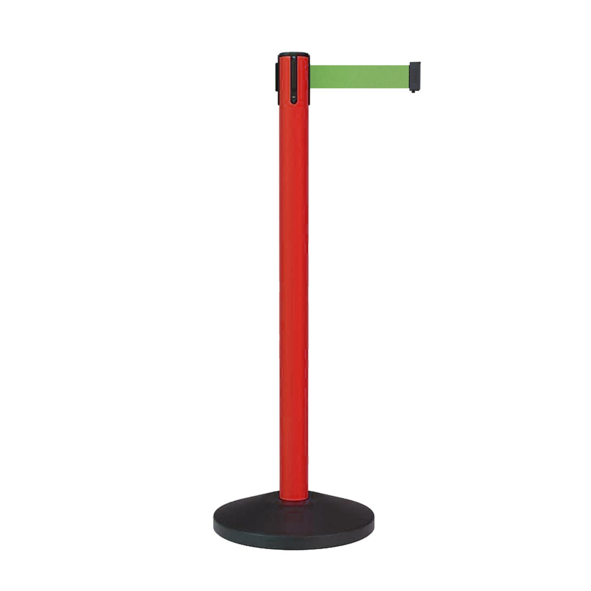 Retractable Belt Barrier Stanchion, Sloped Base, Red Post, 7.5 ft Belt - Montour Line MS630 - Crowd Control Warehouse