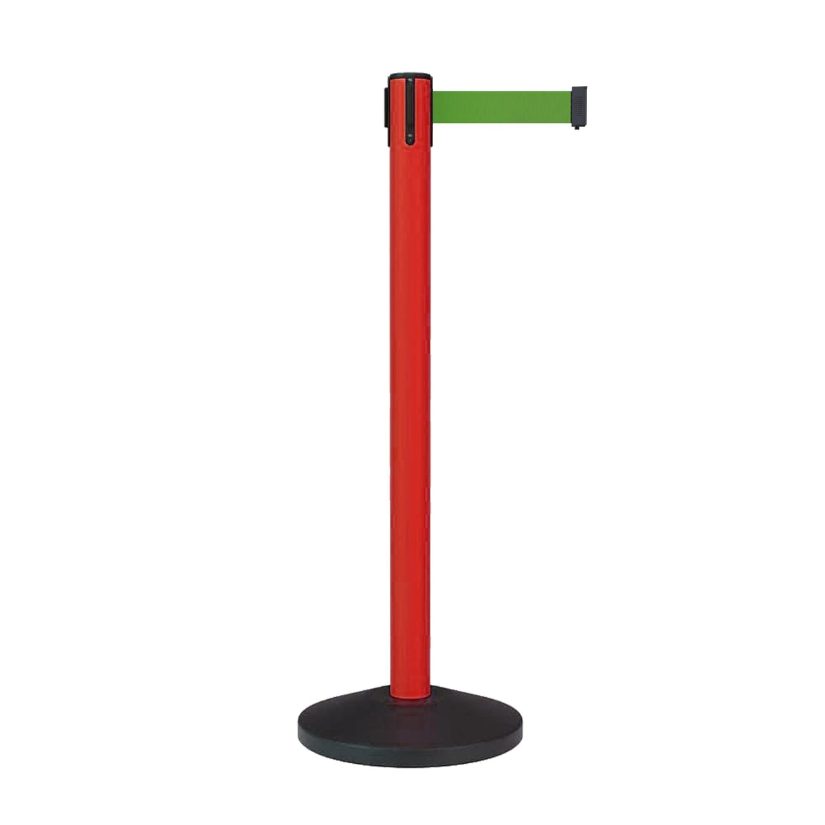 Retractable Belt Barrier Stanchion, Sloped Base, Red Post, 7.5 ft Belt - Montour Line MS630 - Crowd Control Warehouse