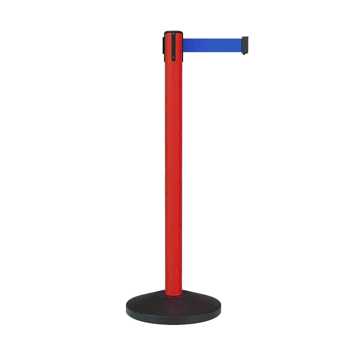 Retractable Belt Barrier Stanchion, Sloped Base, Red Post, 9 ft Belt - Montour Line MS630 - Crowd Control Warehouse