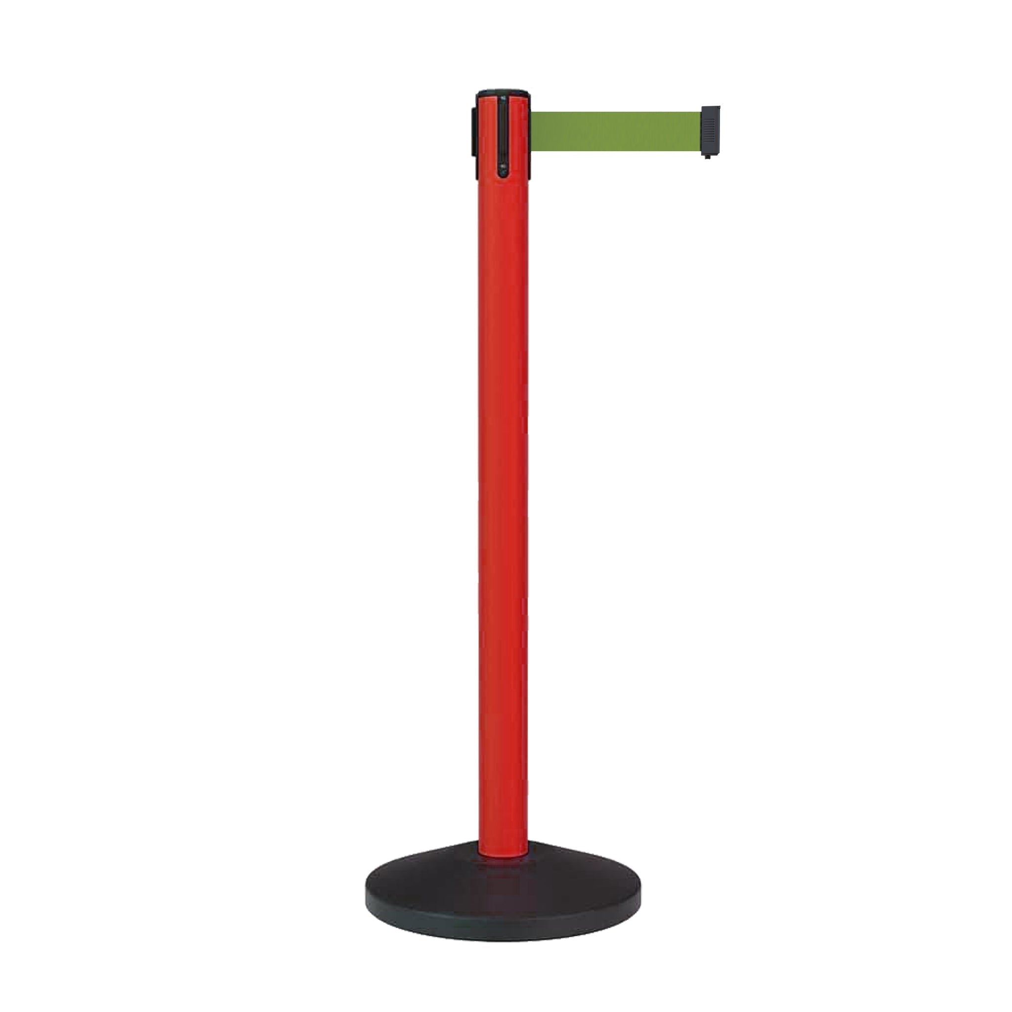 Retractable Belt Barrier Stanchion, Sloped Base, Red Post, 9 ft Belt - Montour Line MS630 - Crowd Control Warehouse
