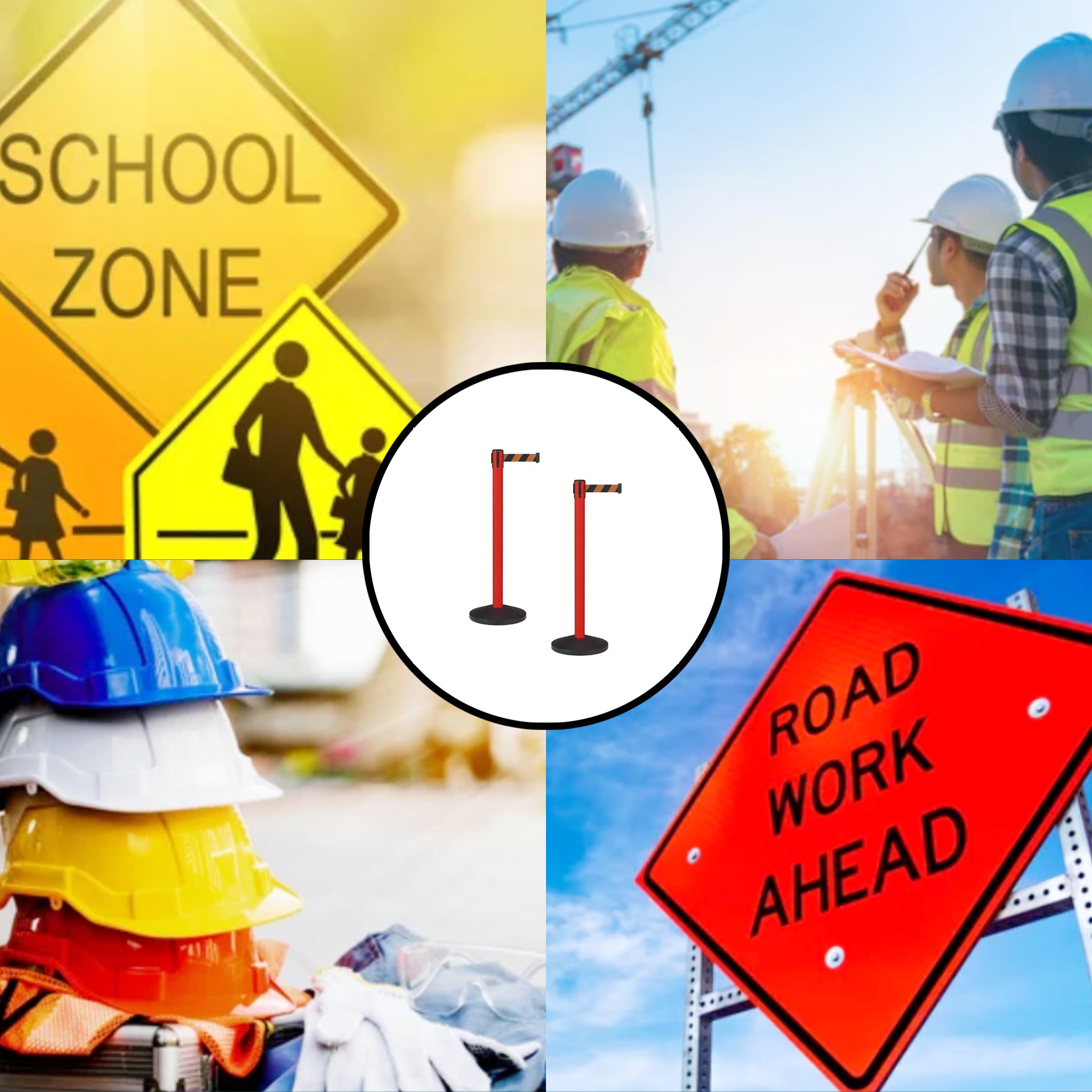 Retractable Belt Barrier Stanchion, Sloped Base, Red Post, 9 ft Belt - Montour Line MS630 - Crowd Control Warehouse