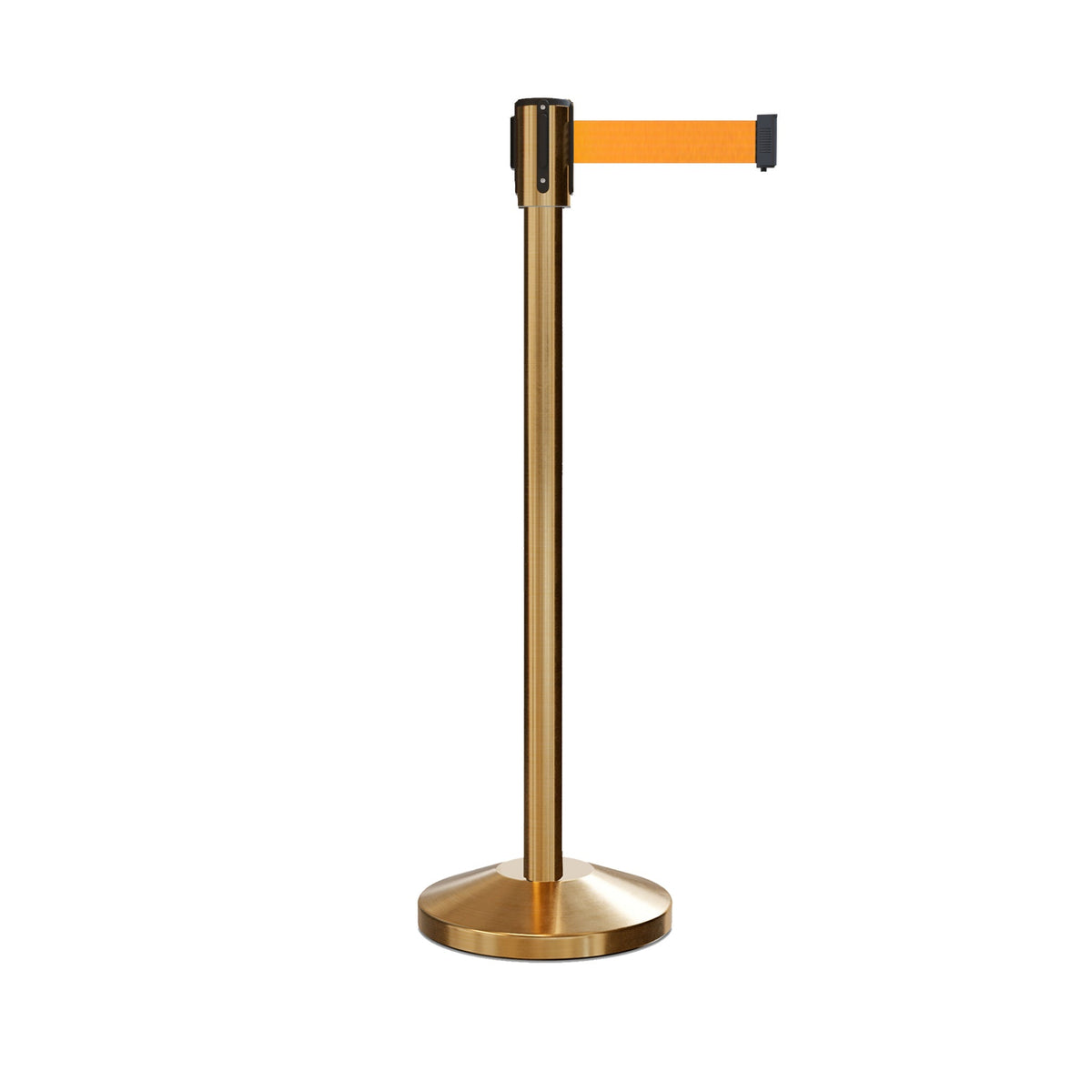 Retractable Belt Barrier Stanchion, Sloped Base, Satin Brass Post, 11 ft Belt - Montour Line M530 - Crowd Control Warehouse