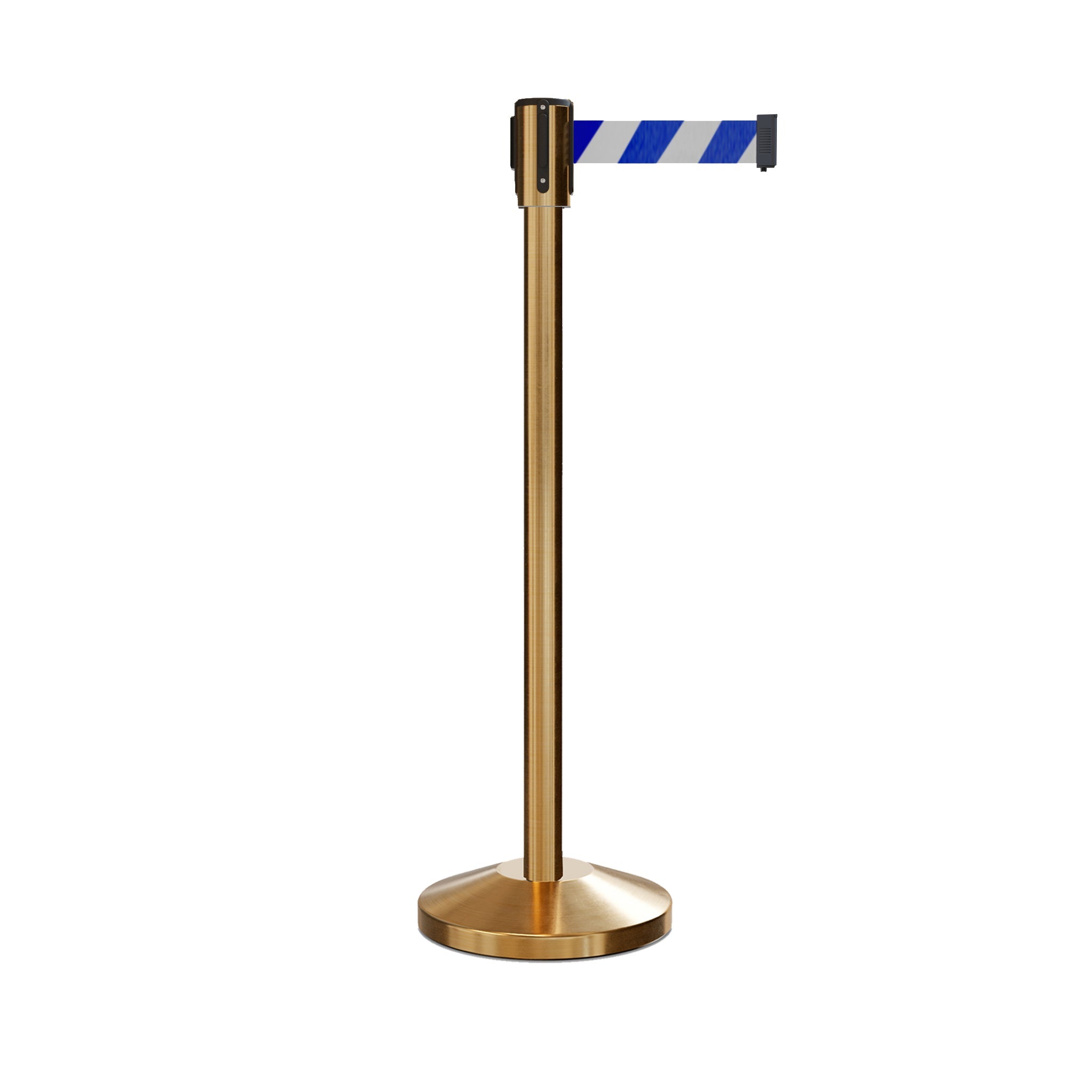 Retractable Belt Barrier Stanchion, Sloped Base, Satin Brass Post, 11 ft Belt - Montour Line M530 - Crowd Control Warehouse