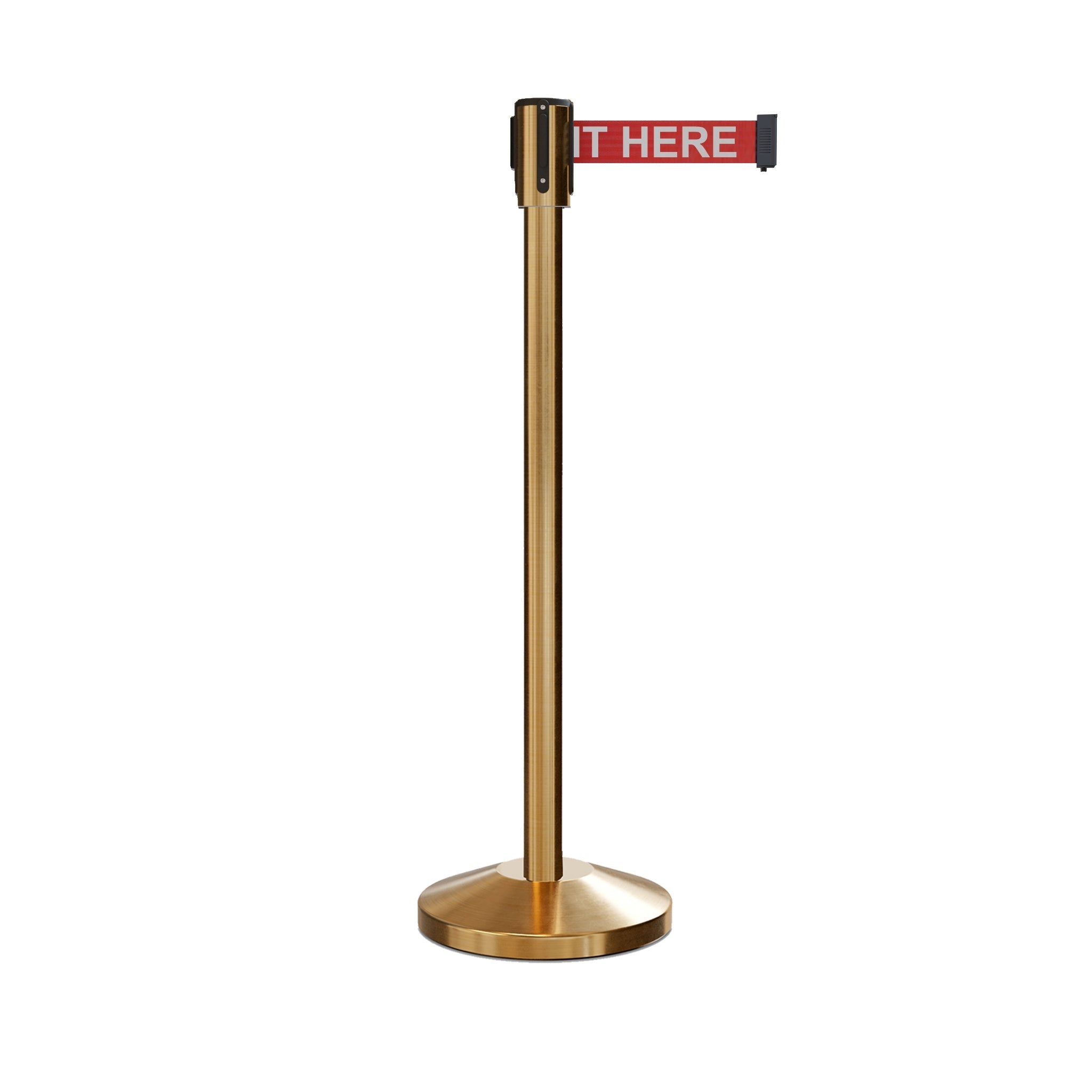 Retractable Belt Barrier Stanchion, Sloped Base, Satin Brass Post, 11 ft Belt - Montour Line M530 - Crowd Control Warehouse