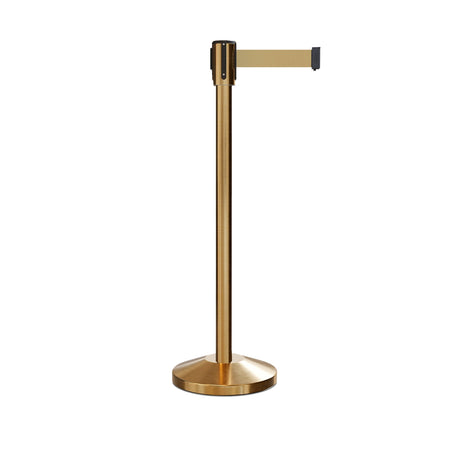 Retractable Belt Barrier Stanchion, Sloped Base, Satin Brass Post, 11 ft Belt - Montour Line M530 - Crowd Control Warehouse