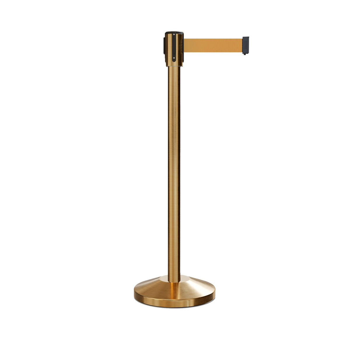 Retractable Belt Barrier Stanchion, Sloped Base, Satin Brass Post, 11 ft Belt - Montour Line M530 - Crowd Control Warehouse