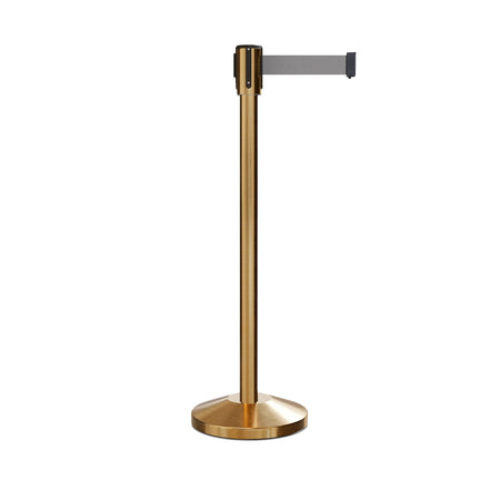 Retractable Belt Barrier Stanchion, Sloped Base, Satin Brass Post, 11 ft Belt - Montour Line M530 - Crowd Control Warehouse