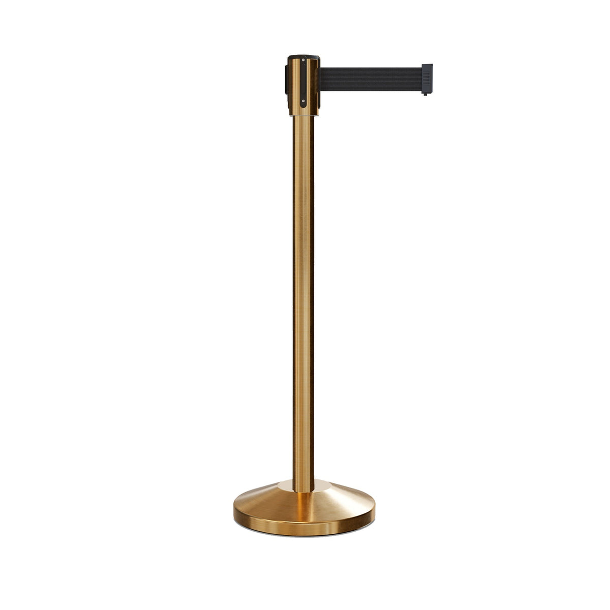 Retractable Belt Barrier Stanchion, Sloped Base, Satin Brass Post, 11 ft Belt - Montour Line M530 - Crowd Control Warehouse