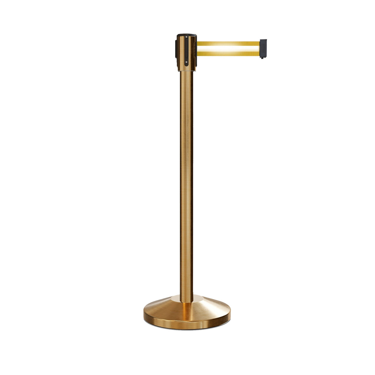 Retractable Belt Barrier Stanchion, Sloped Base, Satin Brass Post, 11 ft Belt - Montour Line M530 - Crowd Control Warehouse