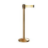 Retractable Belt Barrier Stanchion, Sloped Base, Satin Brass Post, 11 ft Belt - Montour Line M530 - Crowd Control Warehouse