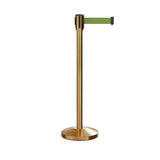 Retractable Belt Barrier Stanchion, Sloped Base, Satin Brass Post, 11 ft Belt - Montour Line M530 - Crowd Control Warehouse