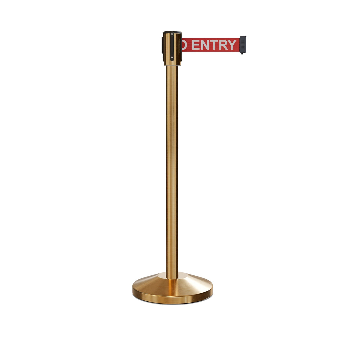 Retractable Belt Barrier Stanchion, Sloped Base, Satin Brass Post, 11 ft Belt - Montour Line M530 - Crowd Control Warehouse