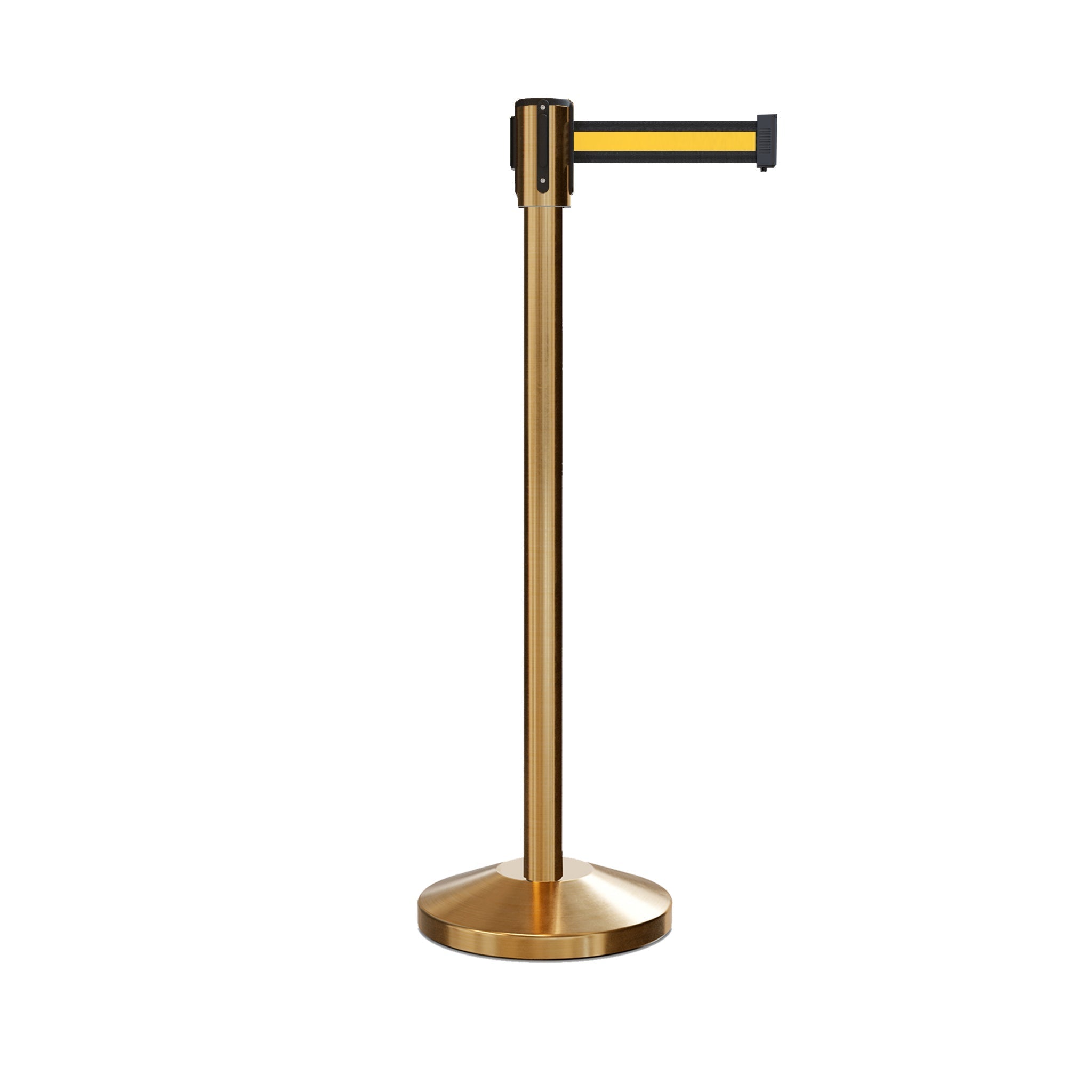 Retractable Belt Barrier Stanchion, Sloped Base, Satin Brass Post, 11 ft Belt - Montour Line M530 - Crowd Control Warehouse