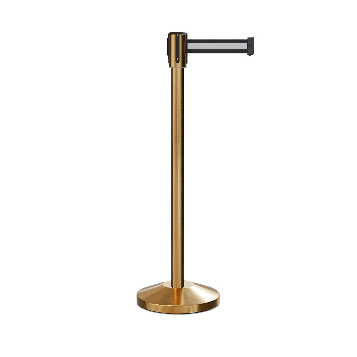 Retractable Belt Barrier Stanchion, Sloped Base, Satin Brass Post, 11 ft Belt - Montour Line M530 - Crowd Control Warehouse