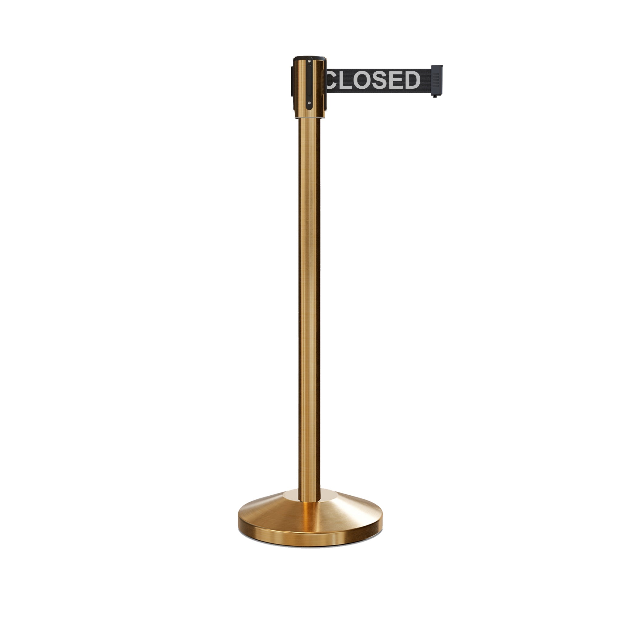 Retractable Belt Barrier Stanchion, Sloped Base, Satin Brass Post, 11 ft Belt - Montour Line M530 - Crowd Control Warehouse