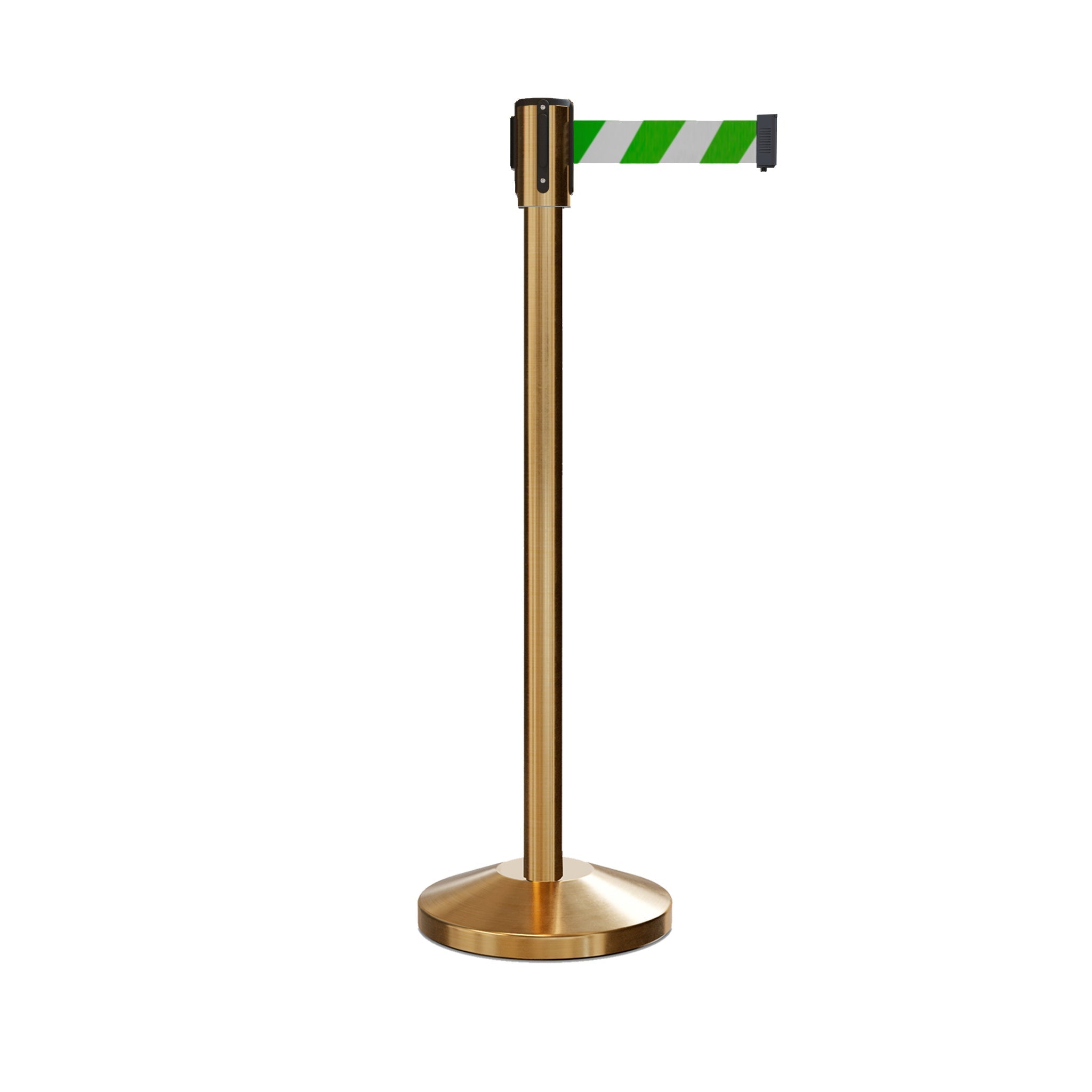 Retractable Belt Barrier Stanchion, Sloped Base, Satin Brass Post, 11 ft Belt - Montour Line M530 - Crowd Control Warehouse