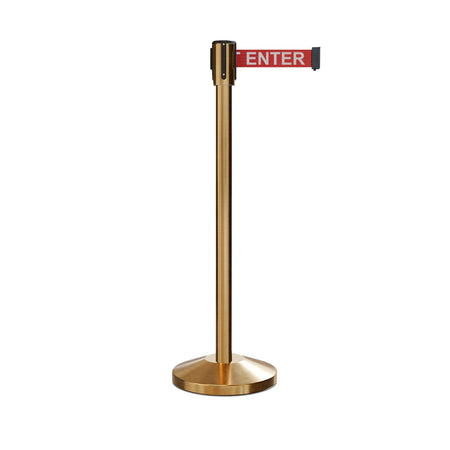 Retractable Belt Barrier Stanchion, Sloped Base, Satin Brass Post, 11 ft Belt - Montour Line M530 - Crowd Control Warehouse