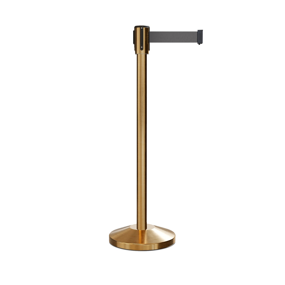 Retractable Belt Barrier Stanchion, Sloped Base, Satin Brass Post, 11 ft Belt - Montour Line M530 - Crowd Control Warehouse