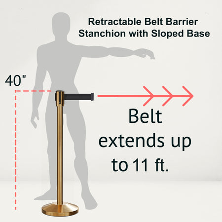 Retractable Belt Barrier Stanchion, Sloped Base, Satin Brass Post, 11 ft Belt - Montour Line M530 - Crowd Control Warehouse