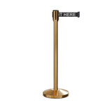 Retractable Belt Barrier Stanchion, Sloped Base, Satin Brass Post, 11 ft Belt - Montour Line M530 - Crowd Control Warehouse