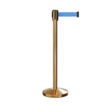 Retractable Belt Barrier Stanchion, Sloped Base, Satin Brass Post, 13 ft Belt - Montour Line M530 - Crowd Control Warehouse