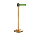 Retractable Belt Barrier Stanchion, Sloped Base, Satin Brass Post, 13 ft Belt - Montour Line M530 - Crowd Control Warehouse