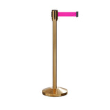 Retractable Belt Barrier Stanchion, Sloped Base, Satin Brass Post, 13 ft Belt - Montour Line M530 - Crowd Control Warehouse