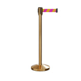 Retractable Belt Barrier Stanchion, Sloped Base, Satin Brass Post, 13 ft Belt - Montour Line M530 - Crowd Control Warehouse
