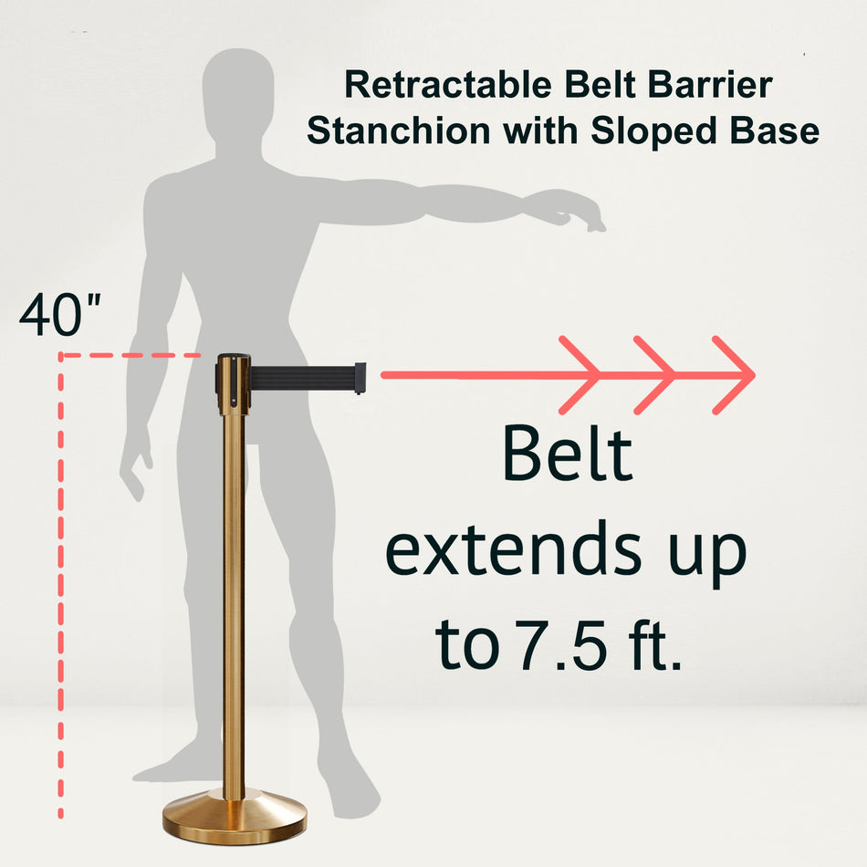 Retractable Belt Barrier Stanchion, Sloped Base, Satin Brass Post, 7.5 ft Belt - Montour Line M530 - Crowd Control Warehouse
