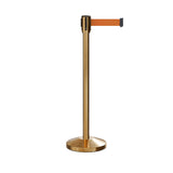 Retractable Belt Barrier Stanchion, Sloped Base, Satin Brass Post, 9 ft Belt - Montour Line M530 - Crowd Control Warehouse