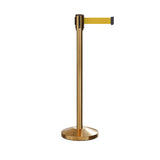 Retractable Belt Barrier Stanchion, Sloped Base, Satin Brass Post, 9 ft Belt - Montour Line M530 - Crowd Control Warehouse