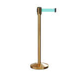 Retractable Belt Barrier Stanchion, Sloped Base, Satin Brass Post, 9 ft Belt - Montour Line M530 - Crowd Control Warehouse