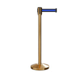 Retractable Belt Barrier Stanchion, Sloped Base, Satin Brass Post, 9 ft Belt - Montour Line M530 - Crowd Control Warehouse