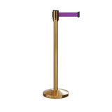 Retractable Belt Barrier Stanchion, Sloped Base, Satin Brass Post, 9 ft Belt - Montour Line M530 - Crowd Control Warehouse